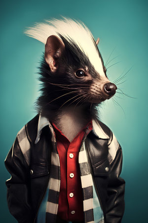 Funny black and white little skunk in a leather jacket.の素材