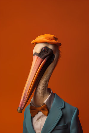 Portrait of a pelican in a suit and bow tie on a orange background.の素材