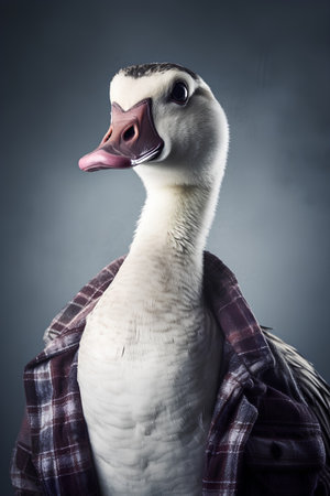 Portrait of a goose in a plaid shirt on a gray backgroundの素材