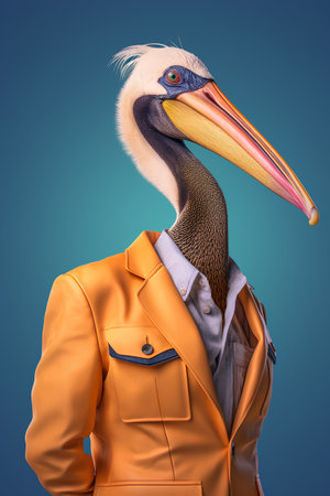 Pelican in a jacket on a blue background. 3d renderingの素材