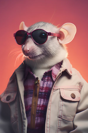 portrait of a cute white rat in a jacket and sunglasses on a red backgroundの素材