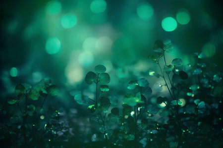 Green clover leaves with bokeh lights background. 3D renderingの素材