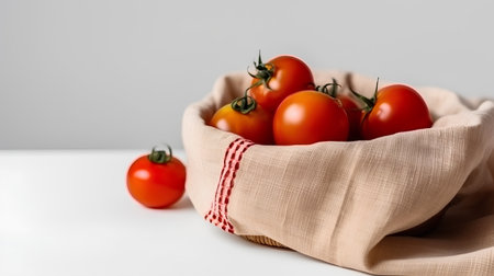 Cherry tomatoes in a linen bag on a white table with copy spaceの素材