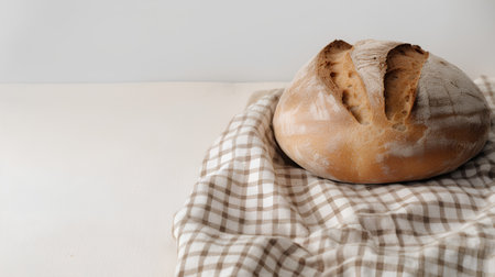 Freshly baked bread on wooden table over white background with copy spaceの素材