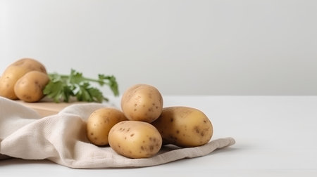 Fresh potatoes on white wooden table with green parsley in the backgroundの素材