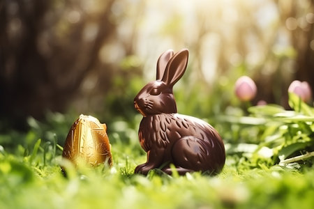 Easter chocolate bunny and easter egg on green grass background.の素材