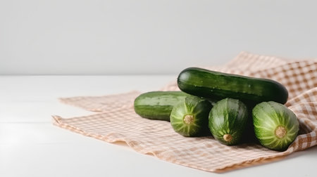 Fresh cucumbers on a tablecloth on a white wooden background.