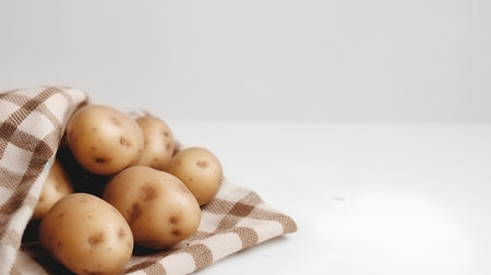 Potatoes on a kitchen towel on a white background with copy spaceの素材