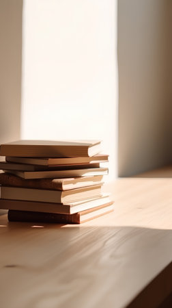 Stack of books on a wooden table with sunlight coming through the windowの素材