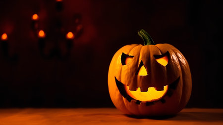 Halloween pumpkin head jack-o-lantern on dark backgroundの素材