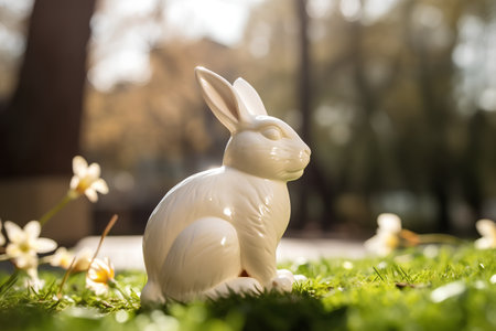 Easter bunny figurine in the grass with daffodilsの素材