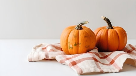 Two pumpkins on a kitchen towel on a white background, selective focusの素材