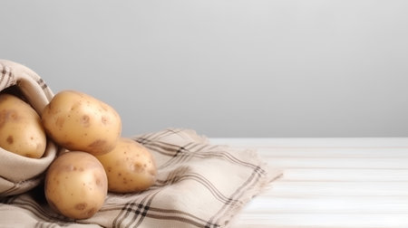 Potatoes on wooden table and grey background with space for text.の素材
