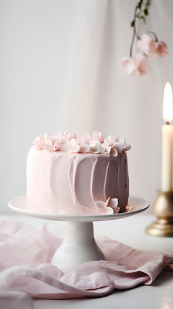 Delicious birthday cake with pink cream and flowers on a light backgroundの素材