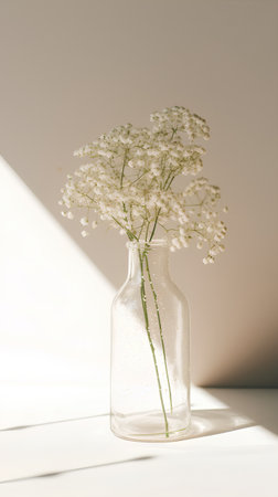 White gypsophila flowers in a glass vase on a white background.の素材