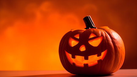Halloween pumpkin with scary face on fire background. Halloween concept.の素材