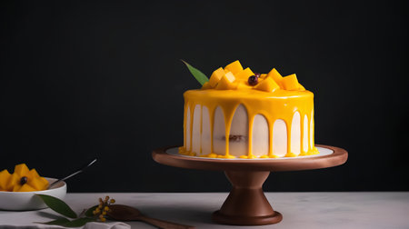 Delicious mousse cake with mango slices on a dark background.の素材