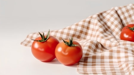 Tomatoes on a checkered napkin on a white backgroundの素材