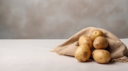 Potatoes on a linen napkin on a light background. Selective focus.の素材