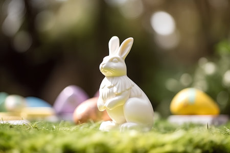 Easter bunny and easter eggs on green grass with bokeh backgroundの素材