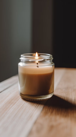 Candle in a glass jar on a wooden table with copy spaceの素材