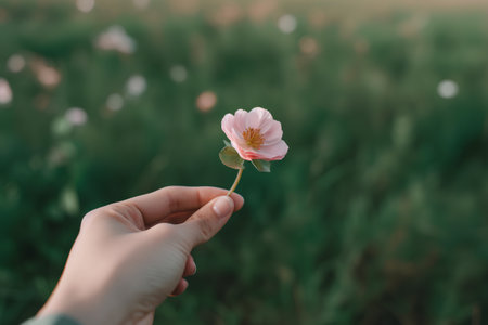 Hand holding a pink flower on the background of a green field.の素材