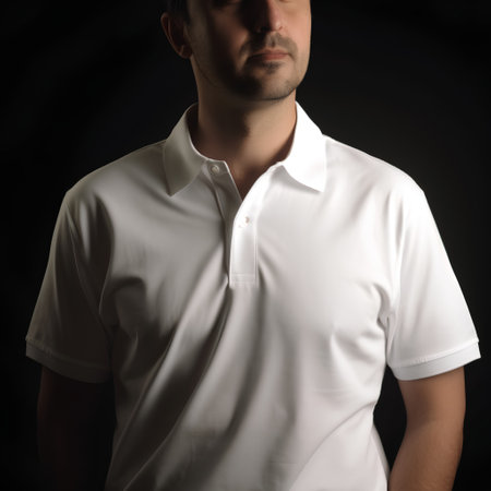 Young man in a white polo shirt on a black background.の素材