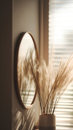 Pampas grass in a vase near a round mirror.の素材