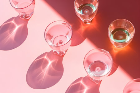 Transparent glasses of wine on a pink background. Minimalism.の素材