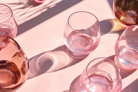 Wine glasses on table in sunny day, closeup of photoの素材