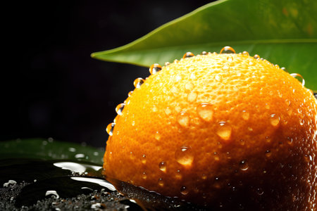 Fresh ripe orange with water drops on black background. Closeup.の素材