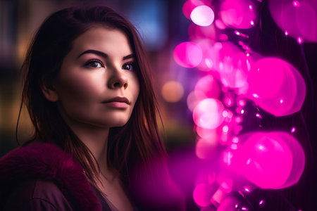 Portrait of a beautiful young woman with pink bokeh background.の素材