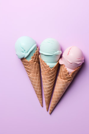 Colorful ice cream scoops in waffle cones on purple backgroundの素材