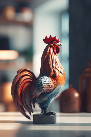 Rooster statue on the table in the kitchen. 3d renderingの素材