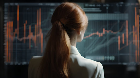 Back view of businesswoman looking at stock market data on screen.の素材