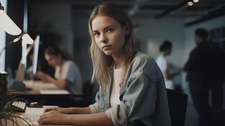 Serious young businesswoman sitting at desk in office and looking at cameraの素材
