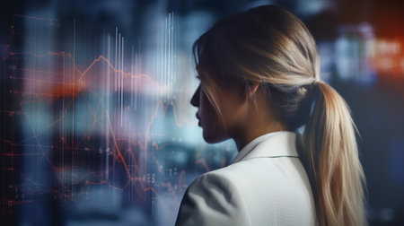 Young businesswoman looking at stock market chart on virtual screen. Double exposureの素材