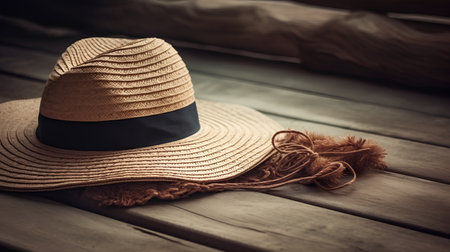 Straw hat on a wooden background. Vintage style. Selective focus.の素材