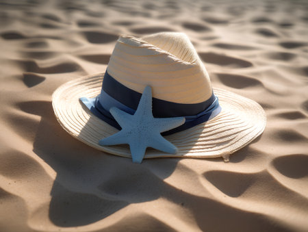 Summer hat with starfish on the beach sand. 3d illustrationの素材