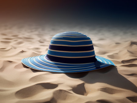 Summer hat on the sand. 3d illustration. Vintage style.の素材