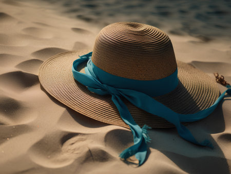 Straw hat with blue scarf on the beach. Toned.の素材