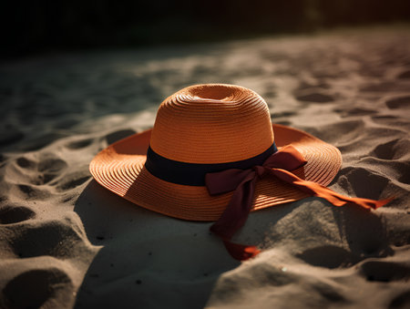Straw hat on the sand at sunset. Toned image.の素材