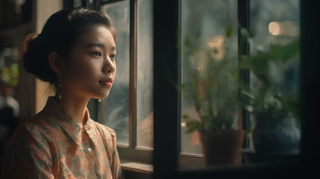 Portrait of a beautiful asian woman looking out the window.の素材