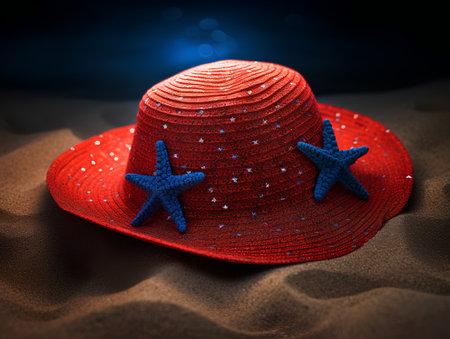 Red hat with starfish on the sand. 3D illustration.の素材