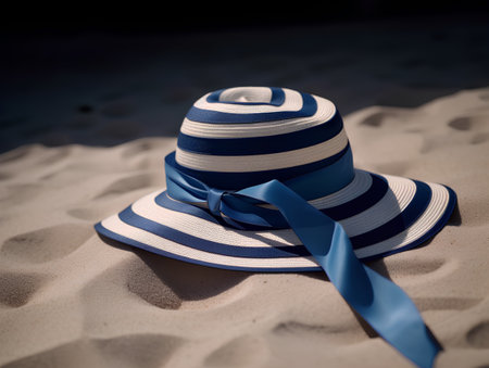 Straw hat with blue ribbon on the sand. Toned.の素材