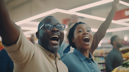 Cheerful african american couple shopping together in supermarket. They are standing with arms raised and shoutingの素材