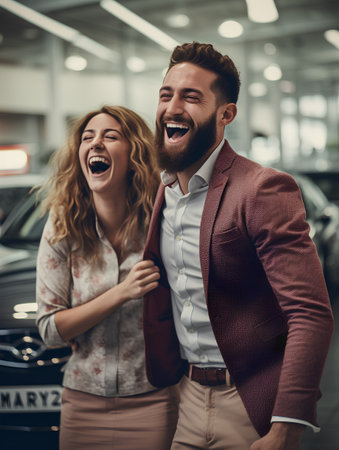 Beautiful young couple is hugging and smiling while choosing car in car dealershipの素材