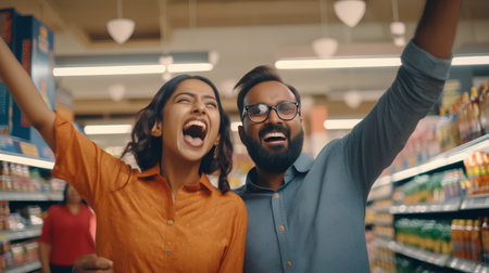 Excited african american man and woman in eyeglasses looking at camera and screaming while shopping in supermarketの素材