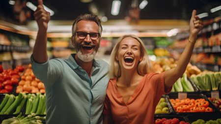 Happy couple is shopping at the supermarket. Man and woman are happy to buy vegetables.の素材