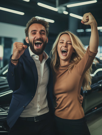 Beautiful young couple is happy and smiling while standing in car salonの素材
